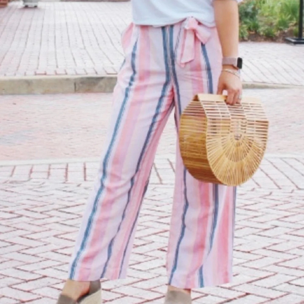 NWT LOFT Petite Striped Tie Waist Pants - Picture 3 of 8